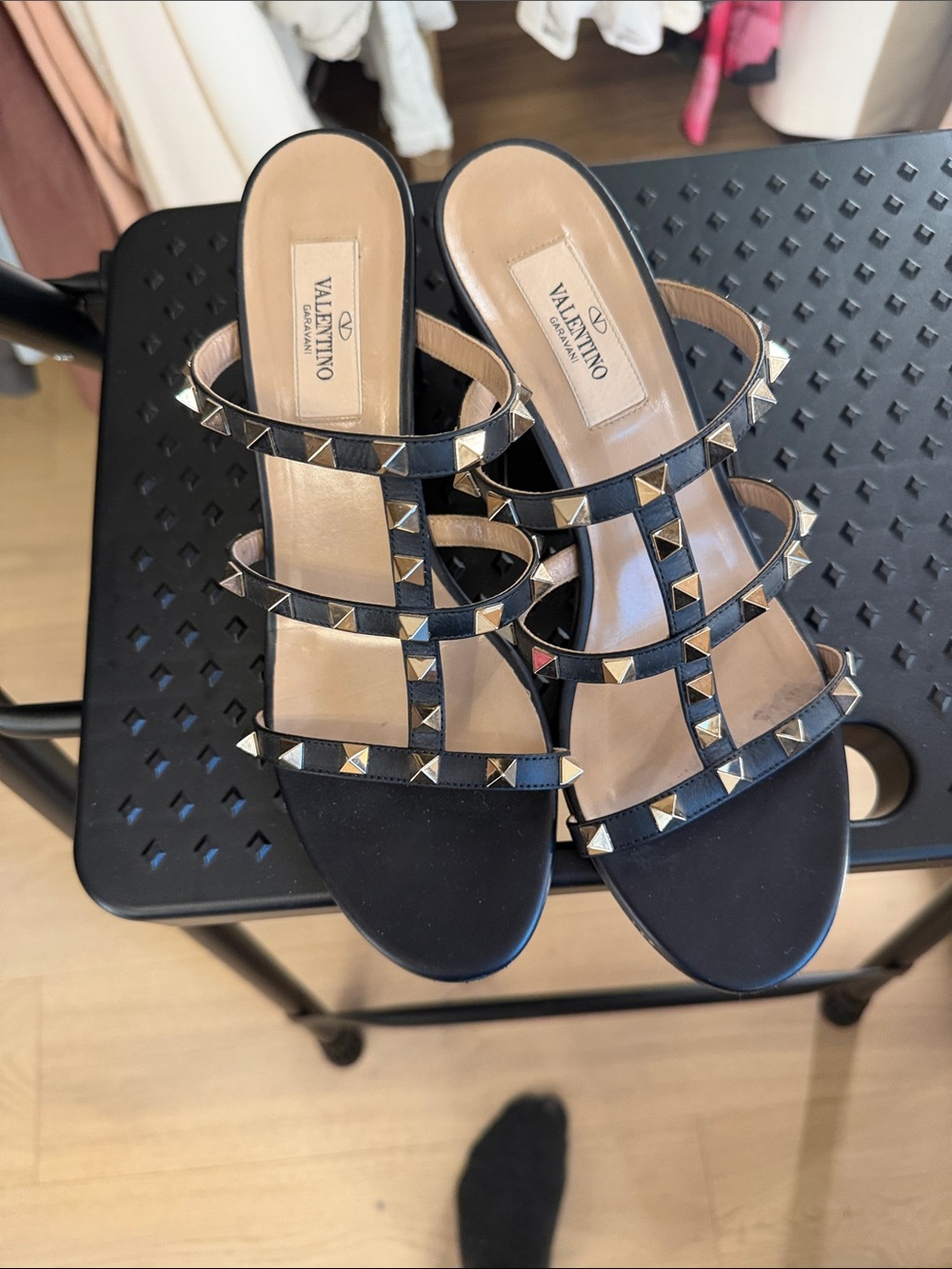 Valentino Black Leather Rockstud Triple-Strap Slide Mules